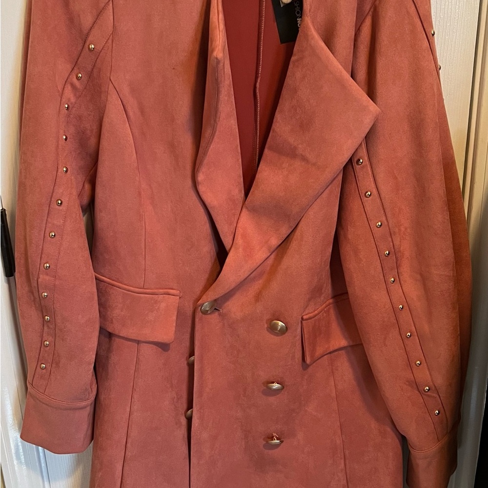 Chic Suede Long Blazer with Studded Sleeves